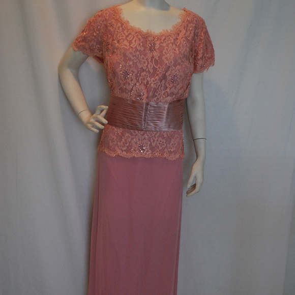 Long Pink Mothers Gown Lace Chiffon Satin Trim SS - Picture 1 of 8